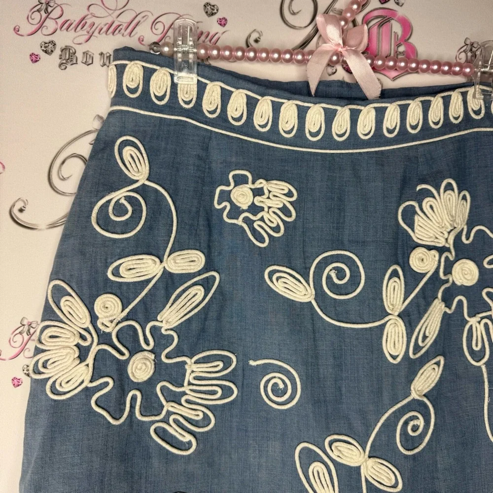 River woods skirt corset lace up tie ribbon embroidered floral flowers denim - Picture 5 of 13
